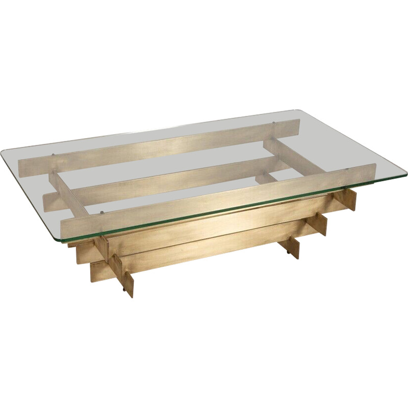 Vintage golden brass and glass coffee table by David Hicks, 1960s