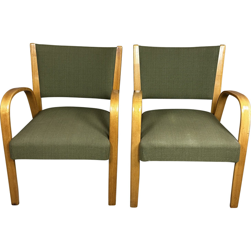 Paar vintage "Bow wood" fauteuils in gebogen essenhout en stof van Hugues Steiner, 1950