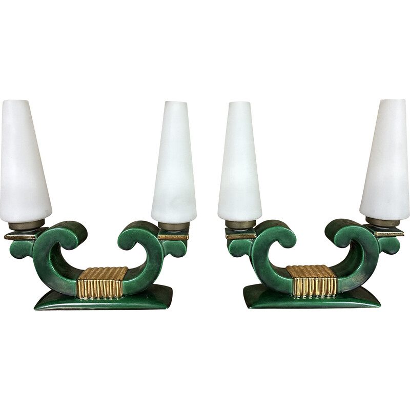 Pair of vintage Art Deco lamps in ceramic and opaline glass, 1920-1930s