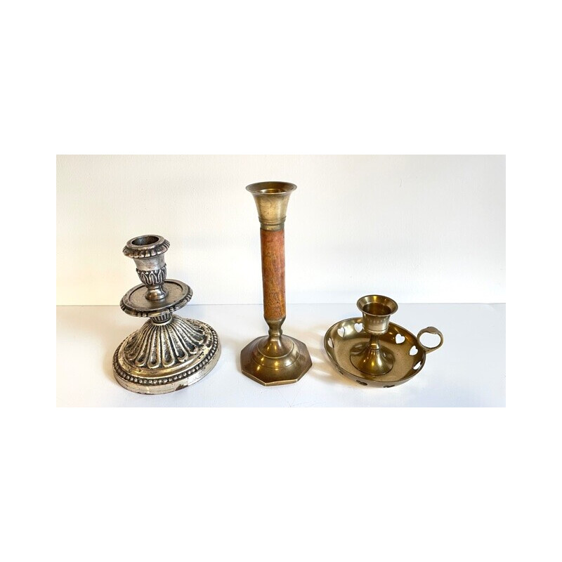 Set of 3 vintage candlesticks in brass, silver plated metal and wood