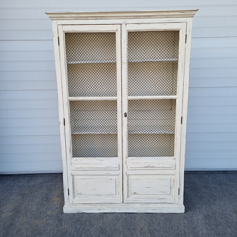 Vintage patina bookcase with wire doors, 1930