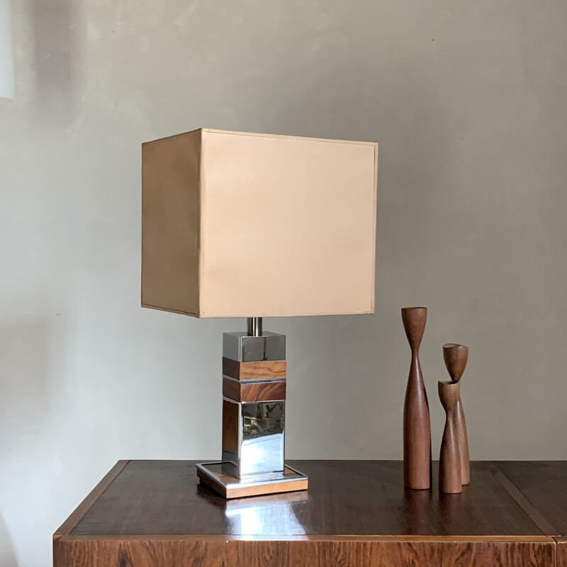 Vintage tafellamp in chroom en hout