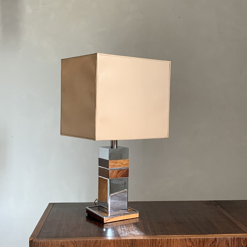 Lámpara de mesa vintage en cromo y madera