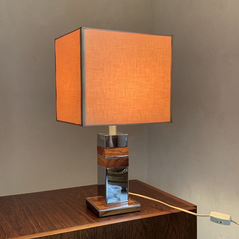 Lampe de table vintage en chrome et bois