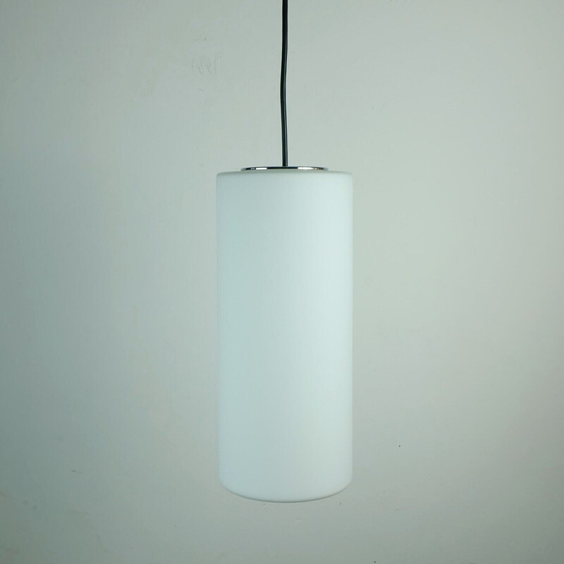 Vintage pendant lamp in white cylindrical glass shade and chrome by Glashuette Limburg, 1970s