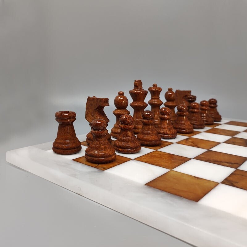 Vintage brown and white chess set in Volterra Alabaster handmade, Italy 1970s