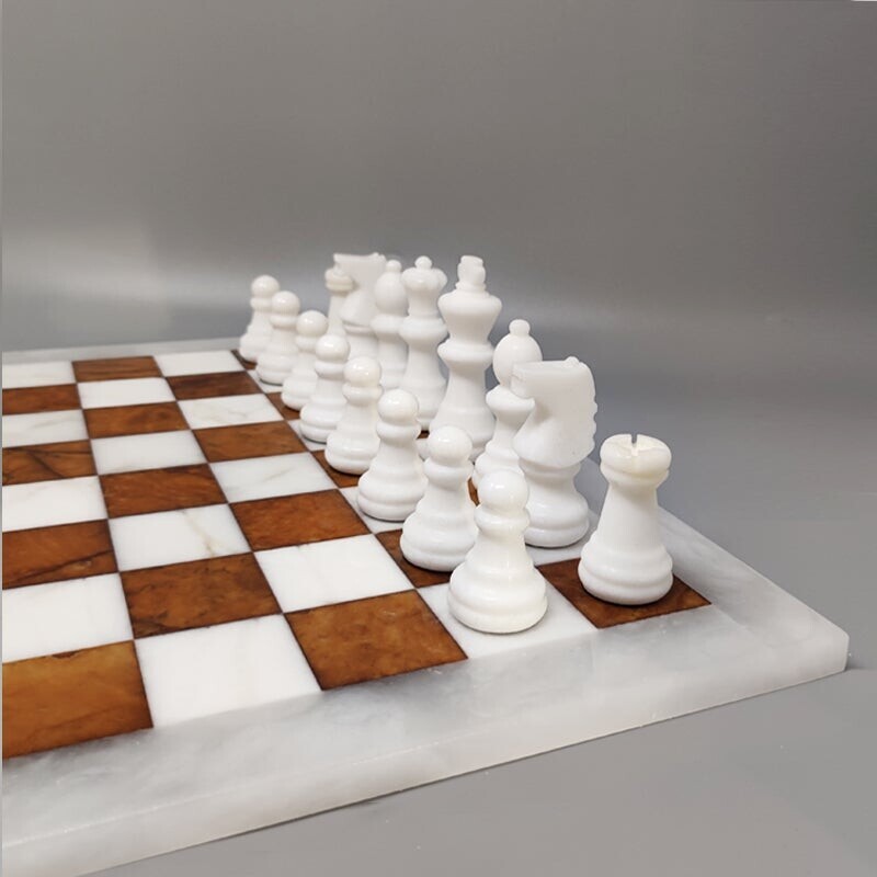 Vintage brown and white chess set in Volterra Alabaster handmade, Italy 1970s