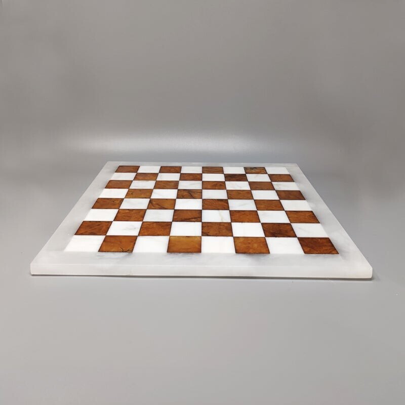 Jeu d'échecs vintage brun et blanc en albâtre de Volterra fait à la main, Italie 1970