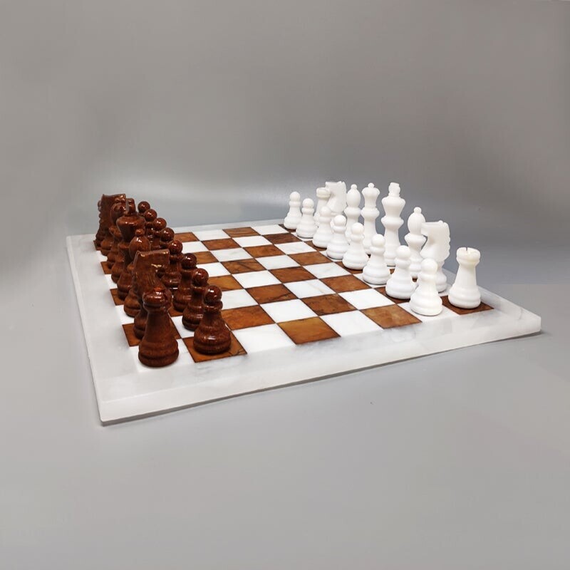 Vintage brown and white chess set in Volterra Alabaster handmade, Italy 1970s
