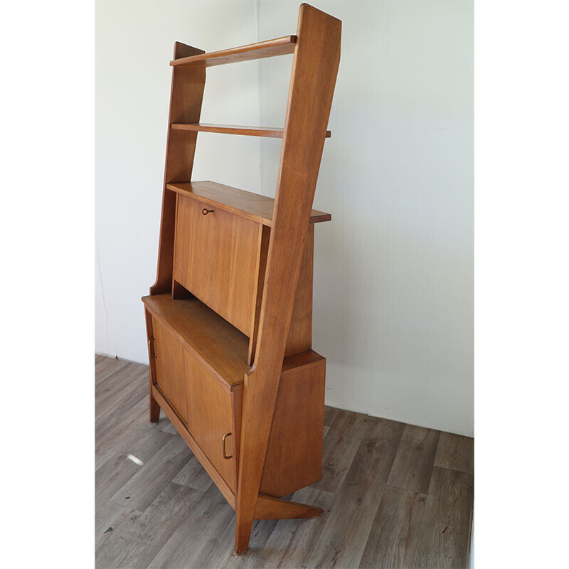 Librería vintage de madera con secretaria, 1950