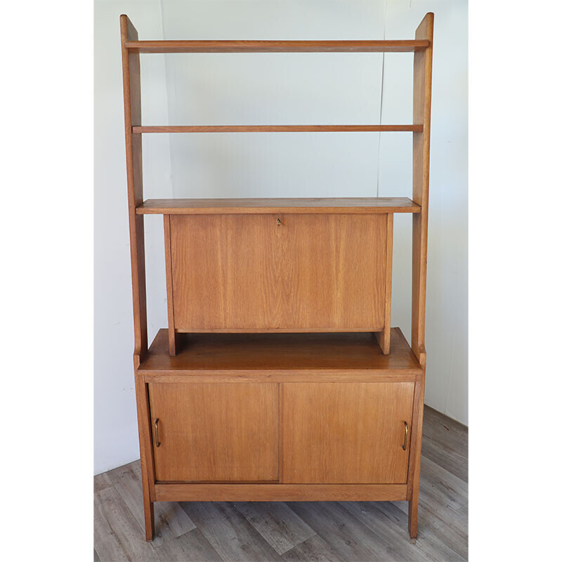 Vintage wooden bookcase with secretary, 1950