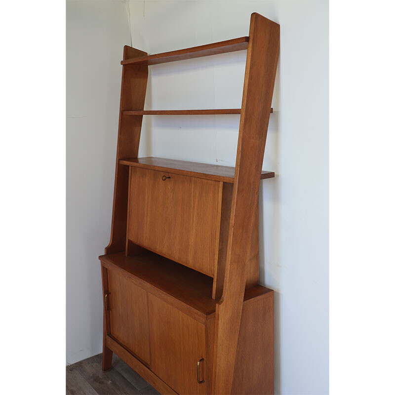 Vintage wooden bookcase with secretary, 1950