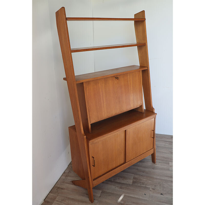 Vintage wooden bookcase with secretary, 1950