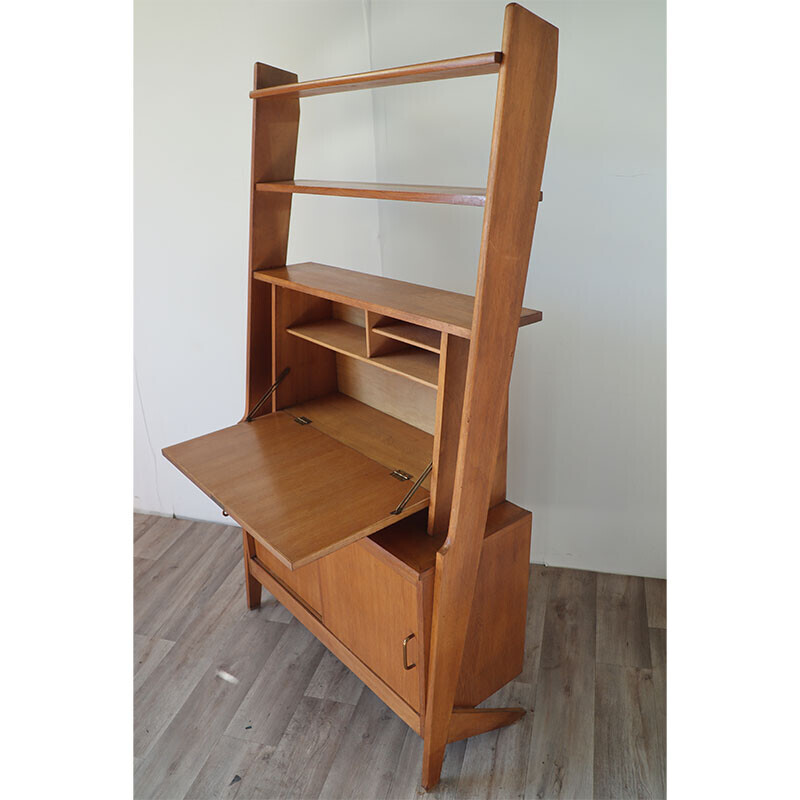Vintage wooden bookcase with secretary, 1950