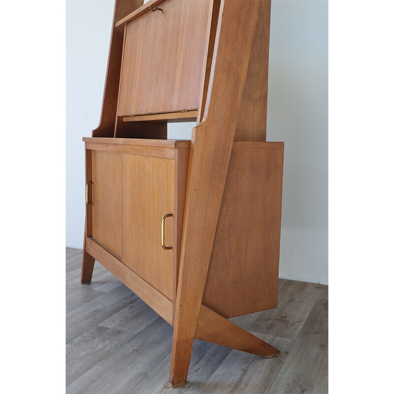 Vintage wooden bookcase with secretary, 1950