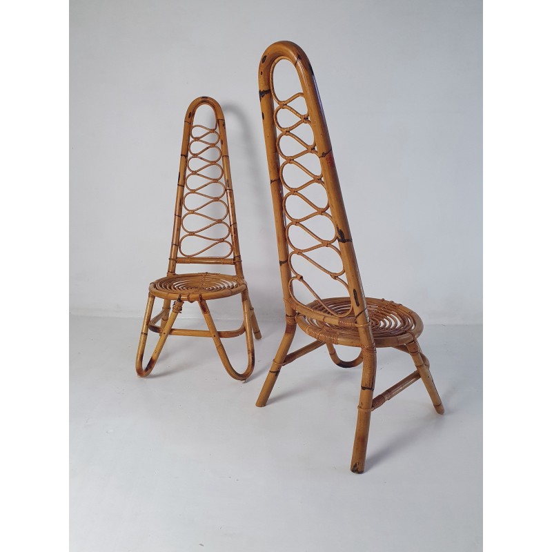 Paar Italiaanse vintage bamboe fauteuils met hoge rugleuning, 1950