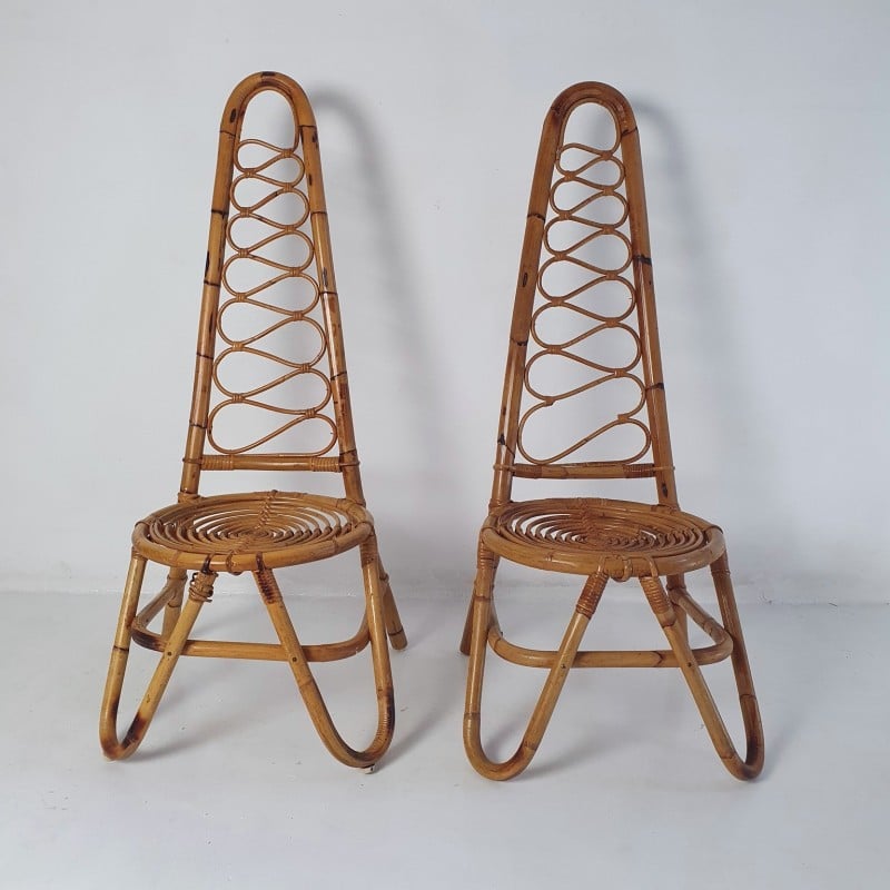 Paar Italiaanse vintage bamboe fauteuils met hoge rugleuning, 1950