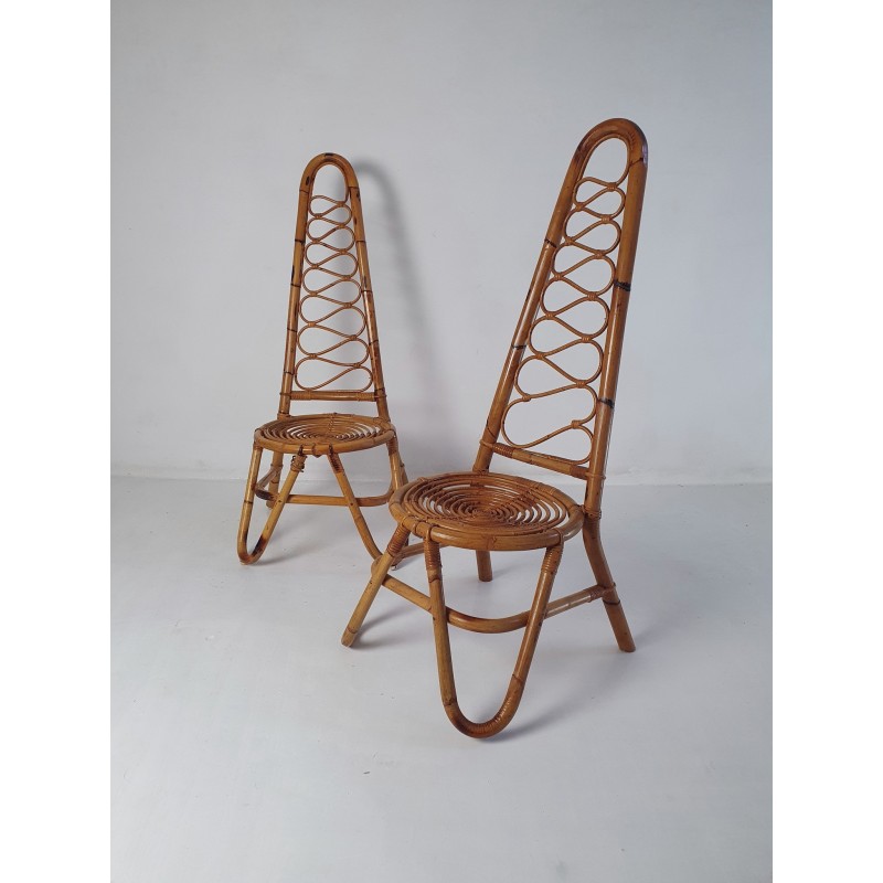 Paar Italiaanse vintage bamboe fauteuils met hoge rugleuning, 1950