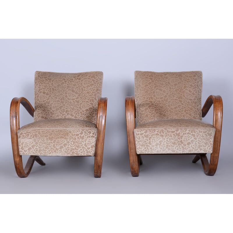 Paar vintage beige H-269 fauteuils van Jindrich Halabala voor Up Zavody, Tsjecho-Slowakije 1930