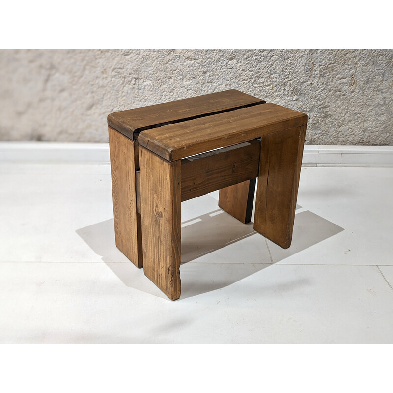 Vintage stool "les Arcs" in pine, selected by Charlotte Perriand, 1960