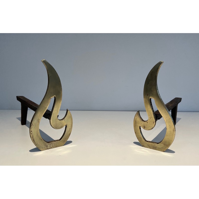 Pair of vintage brass andirons, 1970