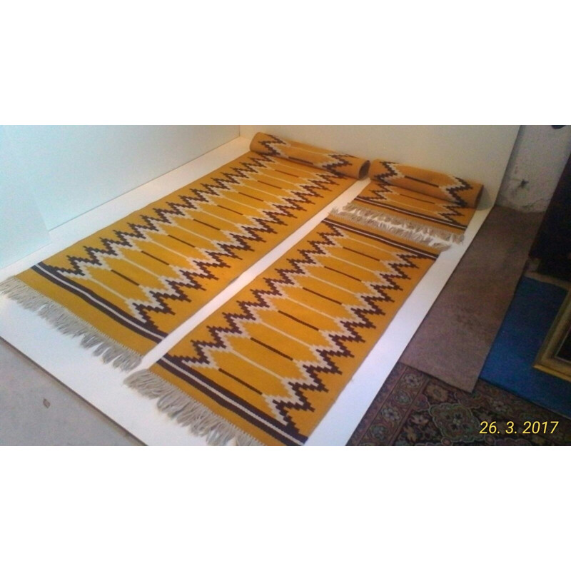 Set of 3 yellow woolen reversible carpets produced by Kelim - 1960s