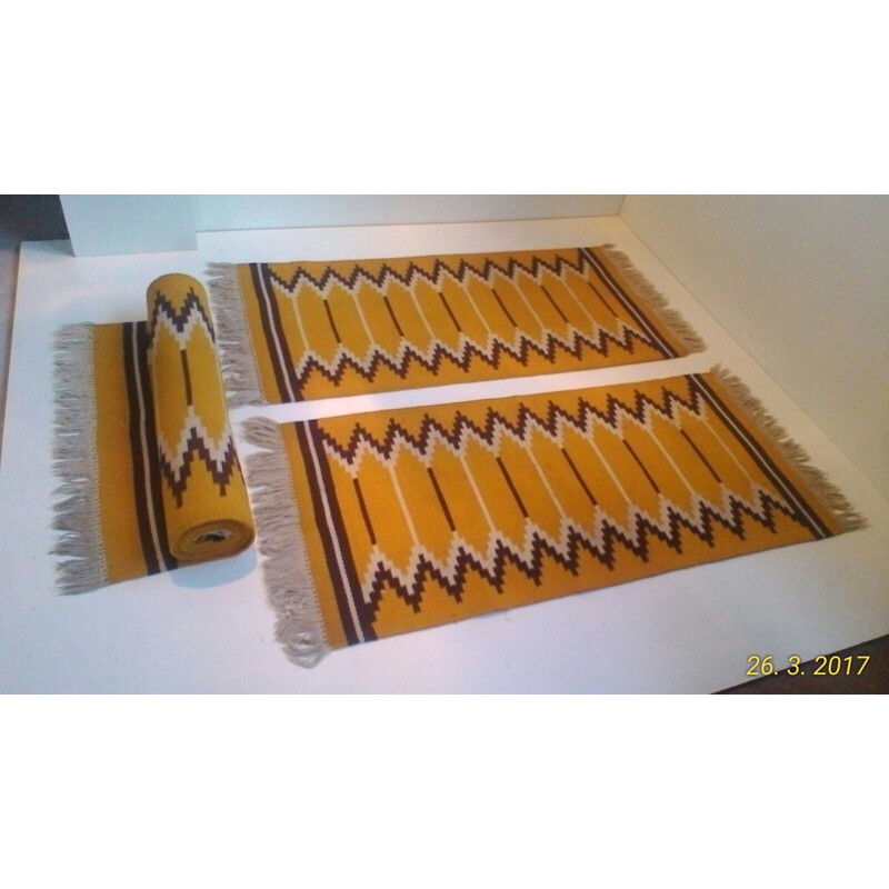 Set of 3 yellow woolen reversible carpets produced by Kelim - 1960s