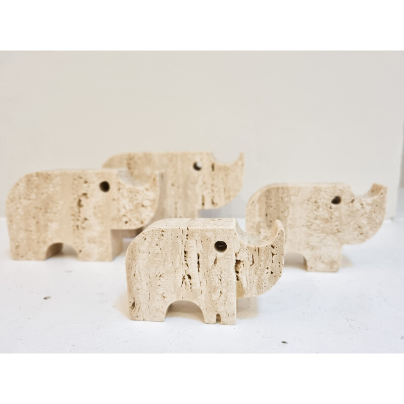 Set of 4 vintage Italian Brutalist travertine rhinoceros sculptures by Fratelli Mannelli, Italy 1970s