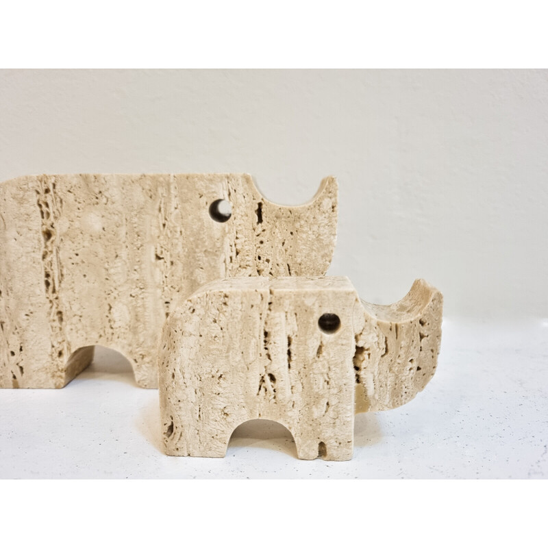 Set of 4 vintage Italian Brutalist travertine rhinoceros sculptures by Fratelli Mannelli, Italy 1970s