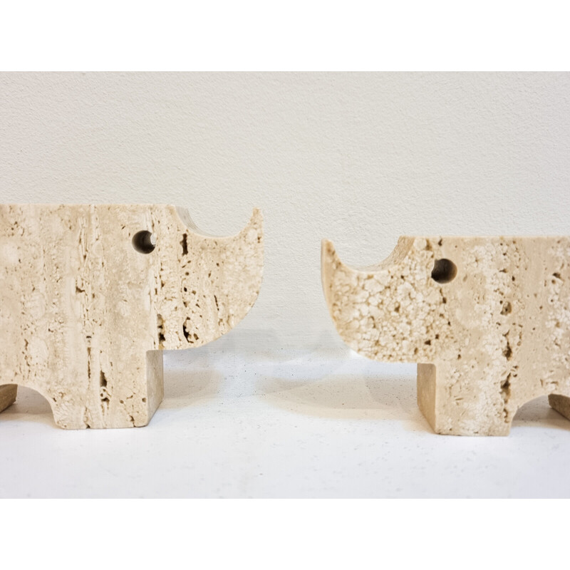 Set of 4 vintage Italian Brutalist travertine rhinoceros sculptures by Fratelli Mannelli, Italy 1970s