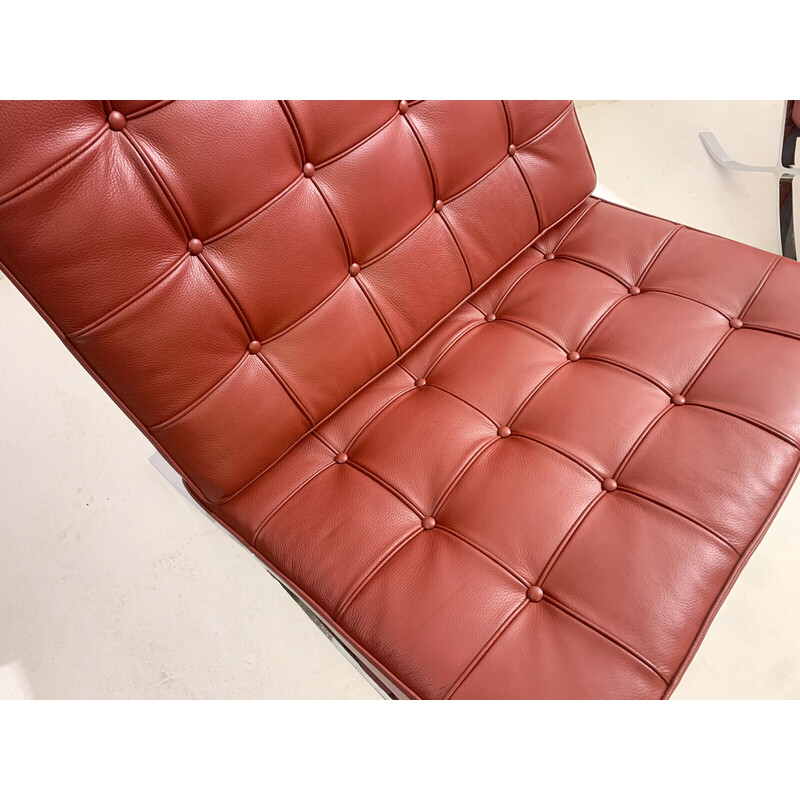 Pair of vintage Burgundy leather Barcelona armchairs by Mies Van Der Rohe for Knoll, 1990s