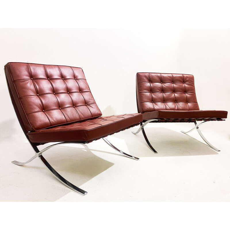 Pair of vintage Burgundy leather Barcelona armchairs by Mies Van Der Rohe for Knoll, 1990s