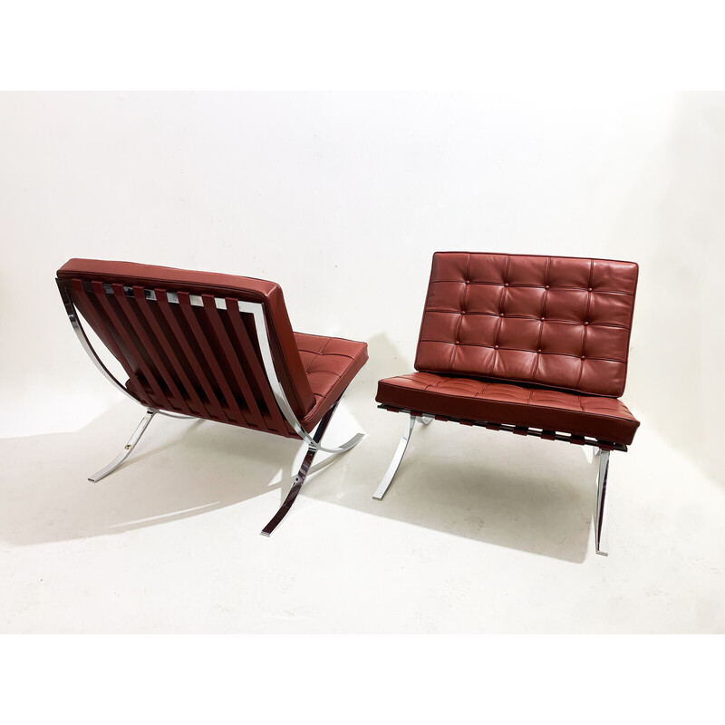 Pair of vintage Burgundy leather Barcelona armchairs by Mies Van Der Rohe for Knoll, 1990s