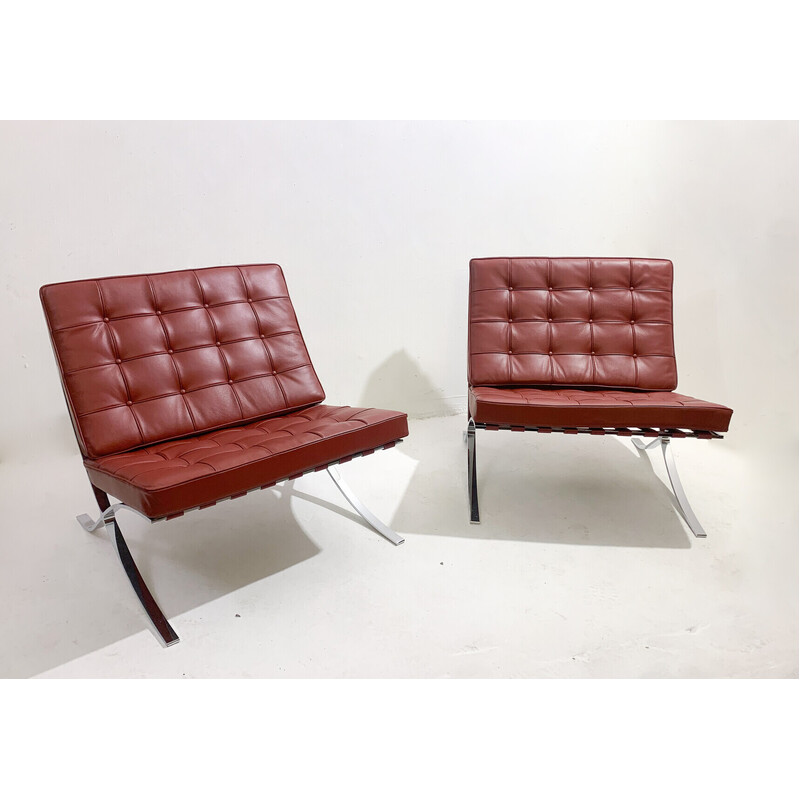 Pair of vintage Burgundy leather Barcelona armchairs by Mies Van Der Rohe for Knoll, 1990s