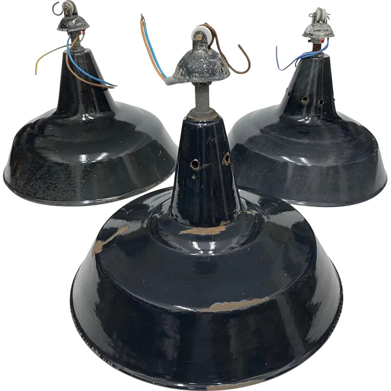 Juego de 3 lámparas colgantes vintage industriales italianas de metal pintado de negro, años 30