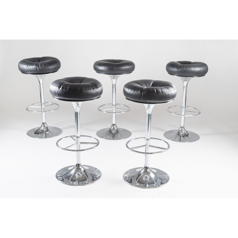 Set of 5 swedish chrome and leather bar stools by Johanson Design - 1970s