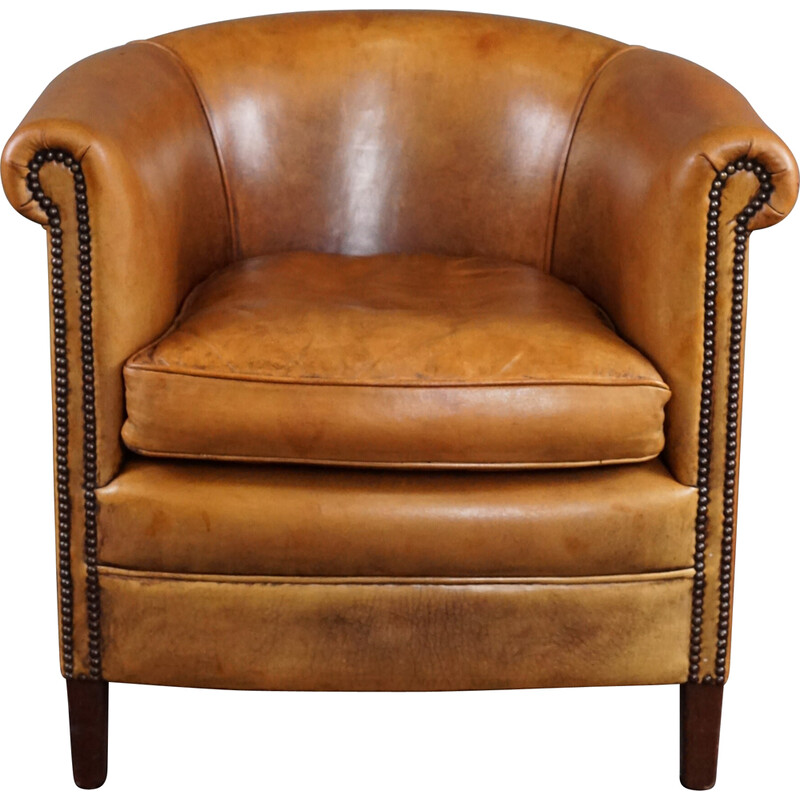 Vintage cognackleurige schapenleren clubfauteuil