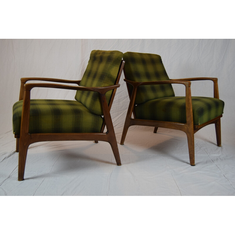 Pair of vintage green beechwood armchairs, Denmark 1960