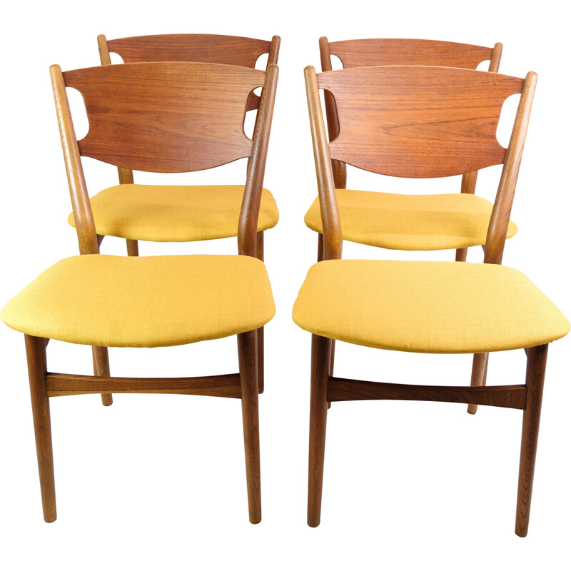 Set of 4 vintage chairs in teak and yellow fabric, Denmark 1960s