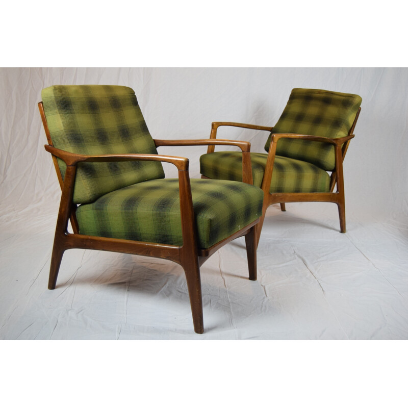 Pair of vintage green beechwood armchairs, Denmark 1960