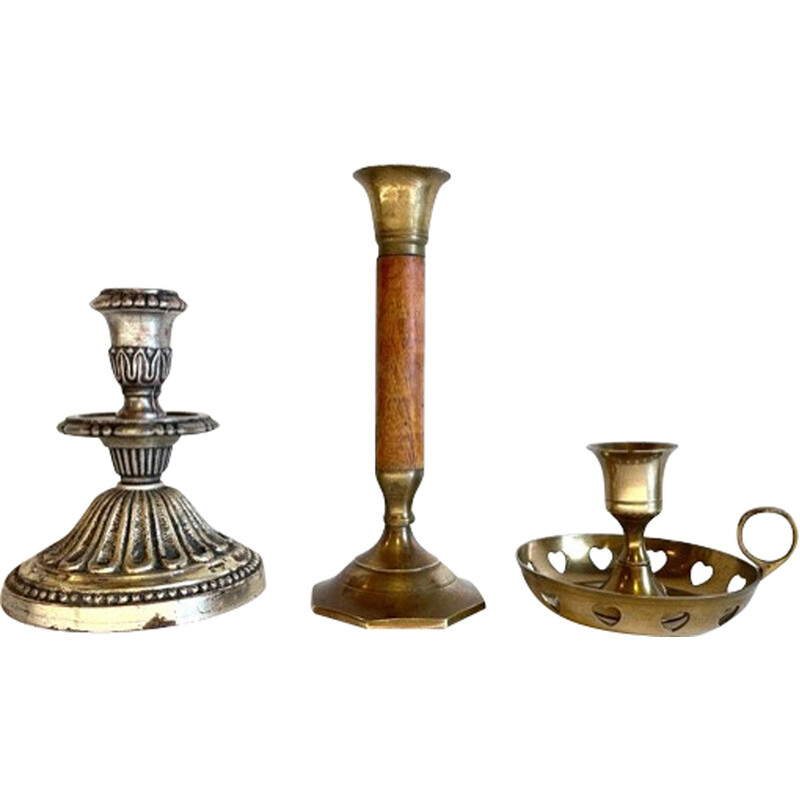 Set di 3 portacandele vintage in ottone, metallo argentato e legno