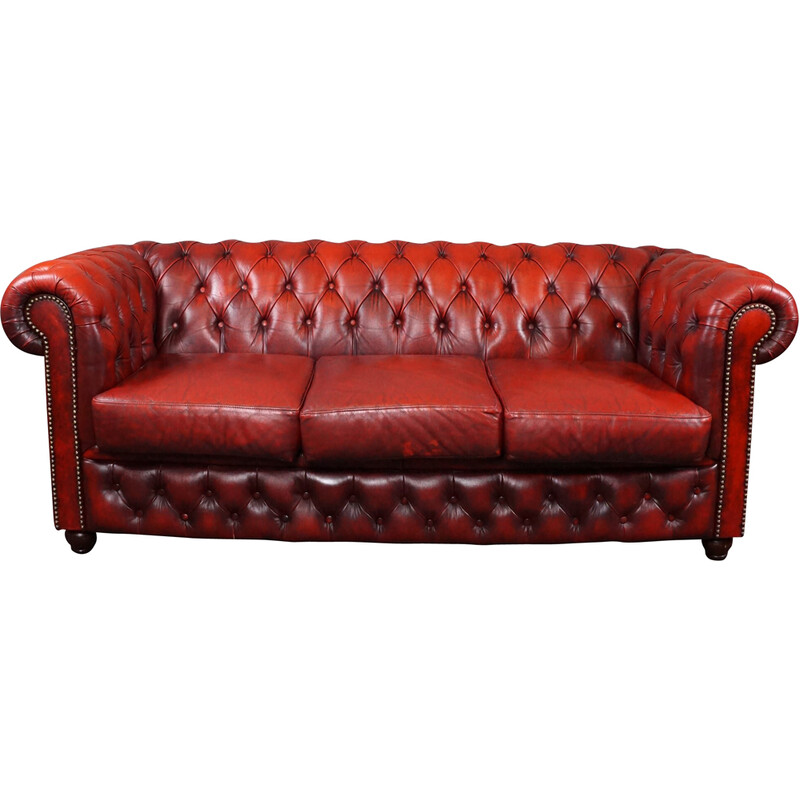 Sofá Chesterfield vintage de cuero de vaca rojo