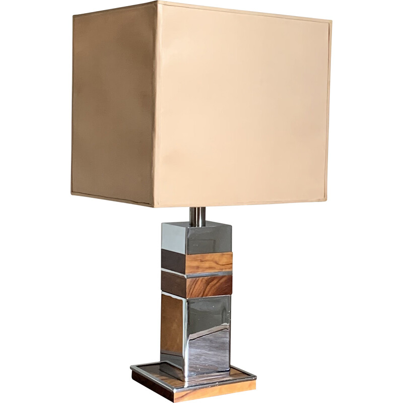 Lampe de table vintage en chrome et bois