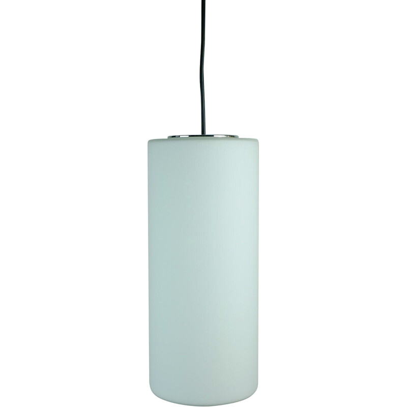 Vintage hanglamp in witte cilindrische glazen kap en chroom van Glashuette Limburg, 1970