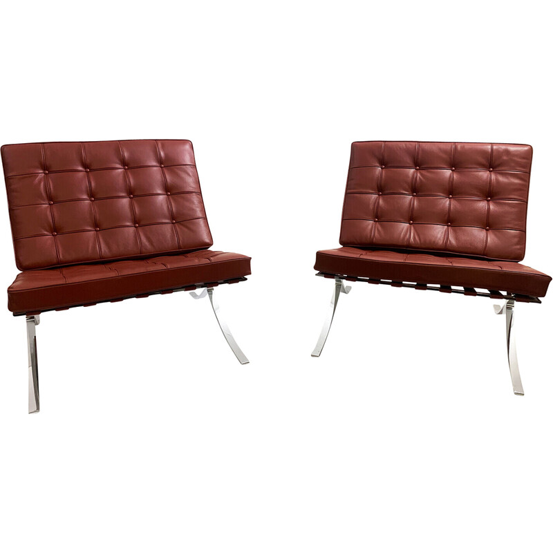 Pair of vintage Burgundy leather Barcelona armchairs by Mies Van Der Rohe for Knoll, 1990s