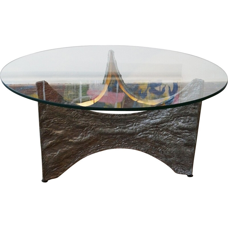 Brutalist coffee table in tin and glass - 1960s