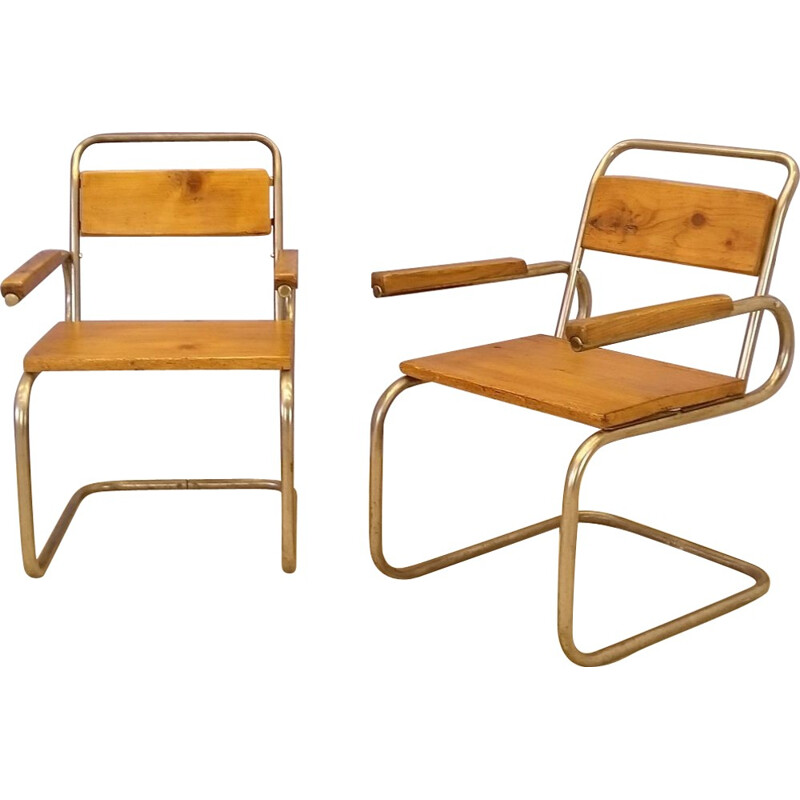 Pair of armchairs in wood and brushed steel -1940s