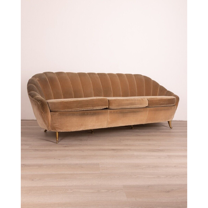 Overzicht ader Zaailing Vintage sofa in wood, velvet and brass by Gio Ponti for Ias, Italy 1950s