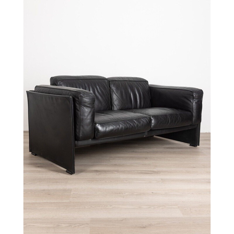 Vintage two-seater sofa in tubular steel and black leather by Mario Bellini for Cassina, 1970s