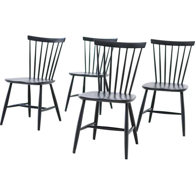 Mid-Century Swedish Black Chairs, 1950s, Set of 4